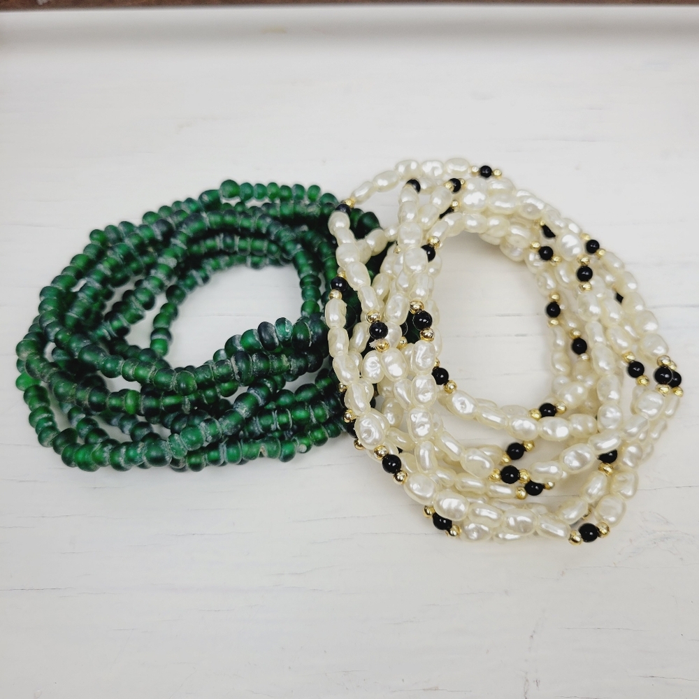 Vintage Green and Cream Beaded Necklaces
